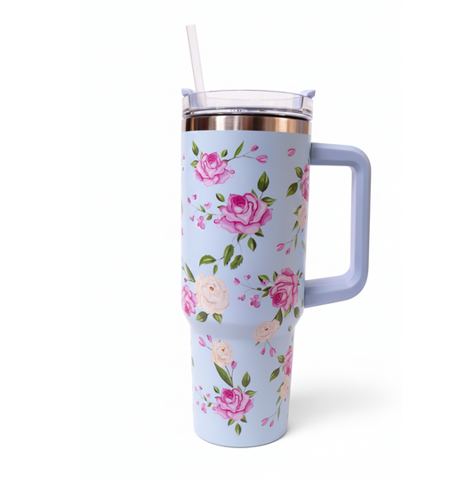 Rose Pattern Insulated Tumbler with Handle and Straw