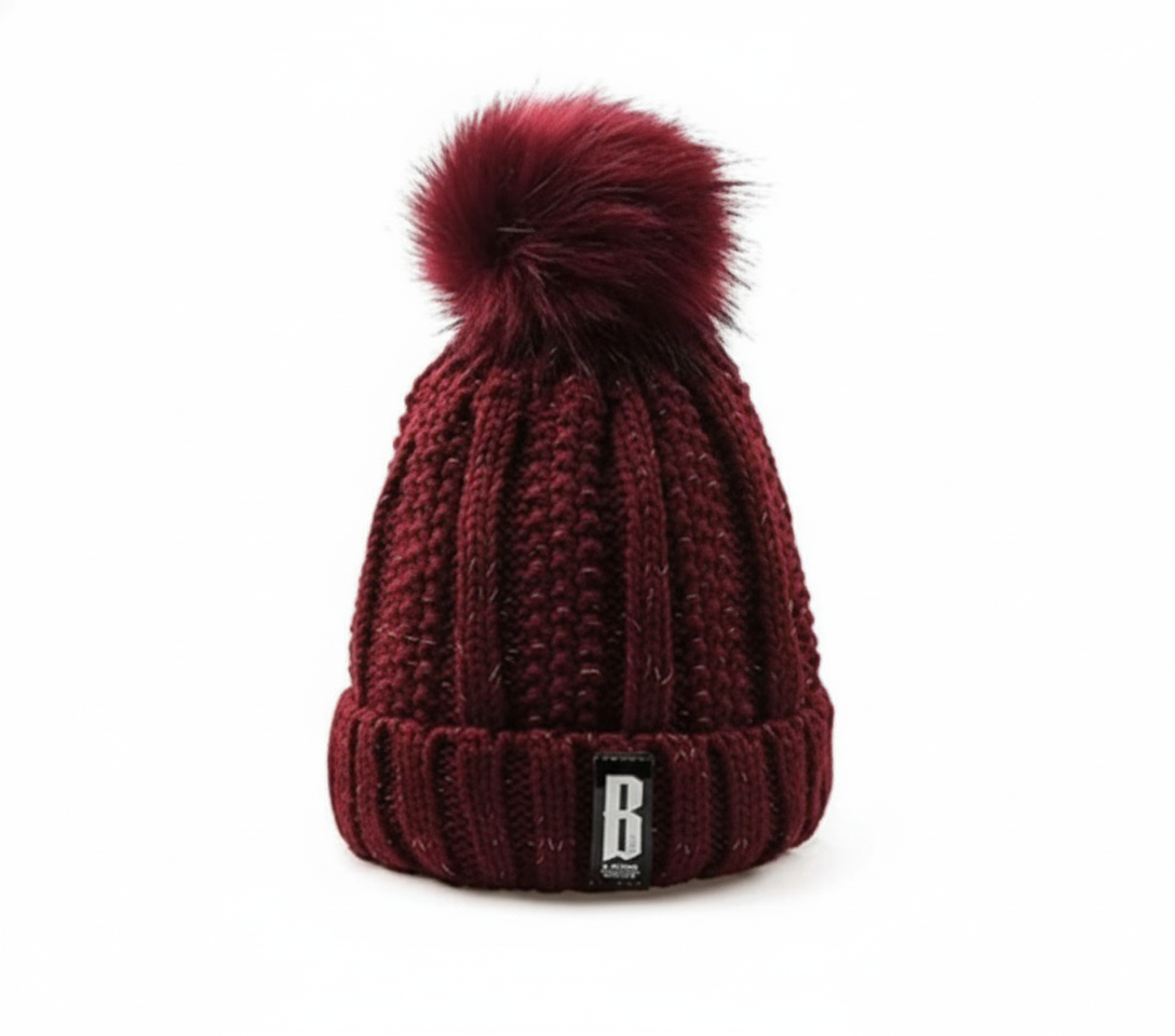 Deep Maroon Knit Pom-Pom Beanie