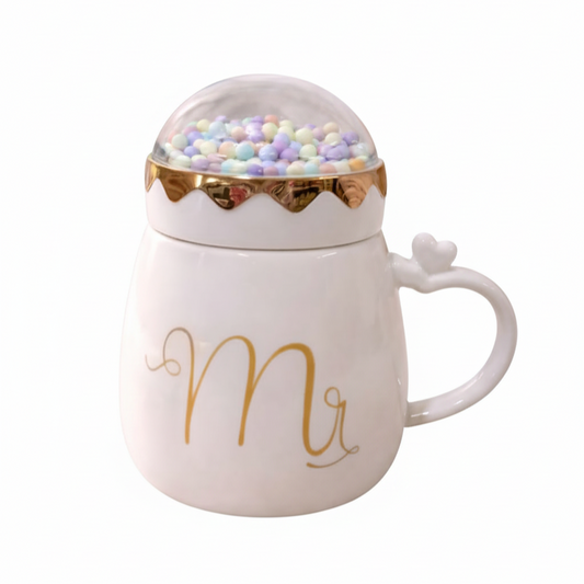 Elegant "Mr." Ceramic Mug with Decorative Snow Globe Lid