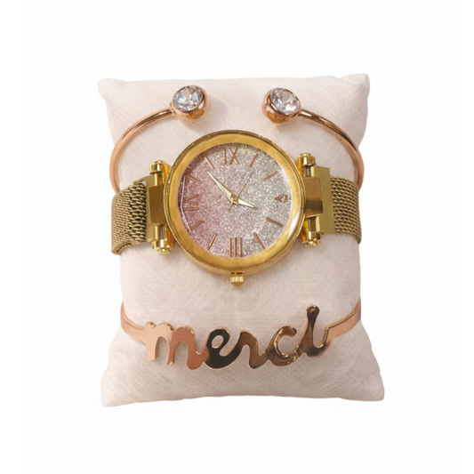 Sparkling Gold Watch & Bracelet Gift Set