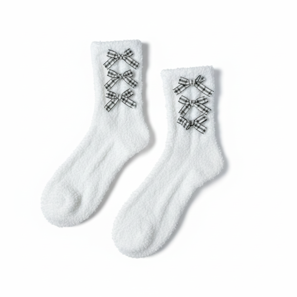 Houndstooth Bow Fuzzy Socks