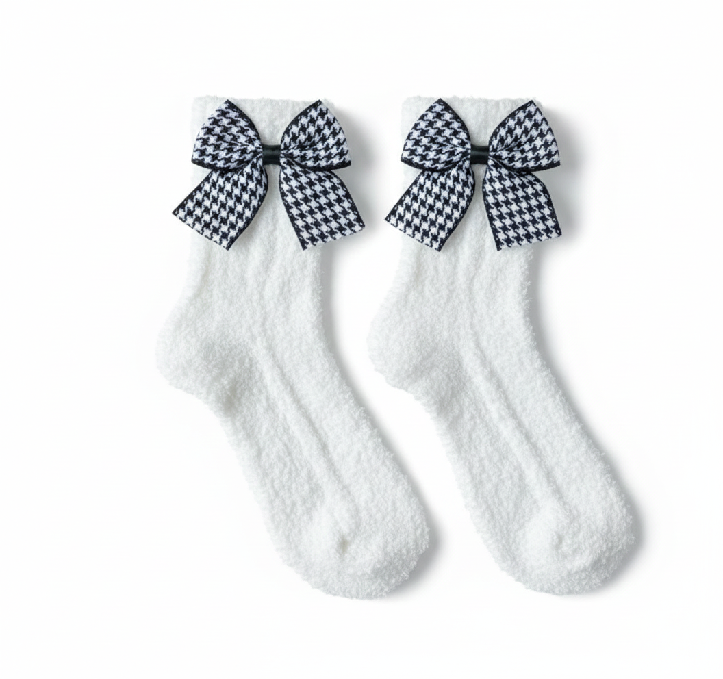 Houndstooth Bow Fuzzy Socks
