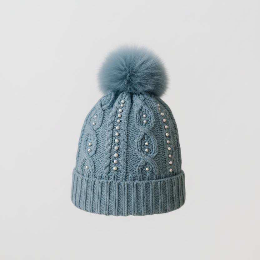Soft Knit Beanie with Pearl Embellishments & Fur Pom
