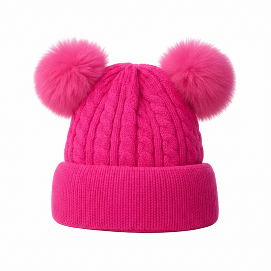 Double Pom-Pom Cable Knit Beanie