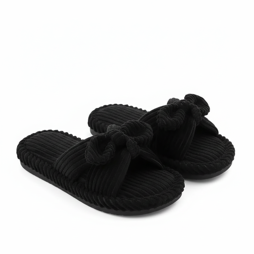 Corduroy Bow-Accent Indoor Slippers