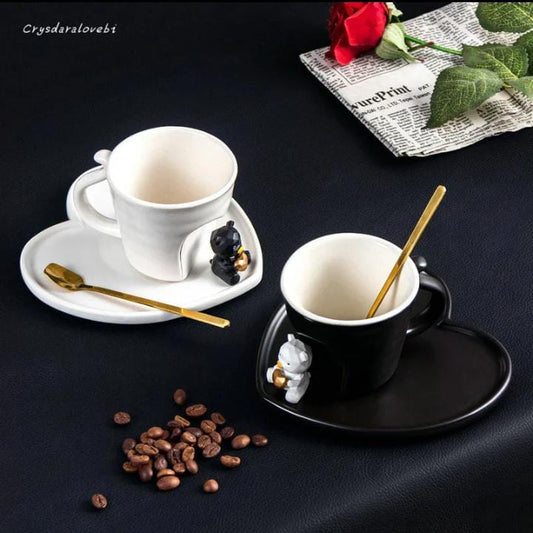 Heart-Shaped Ceramic Cup Set with Bear Figurine – Black & White