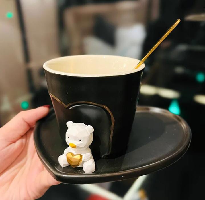 Heart-Shaped Ceramic Cup Set with Bear Figurine – Black & White