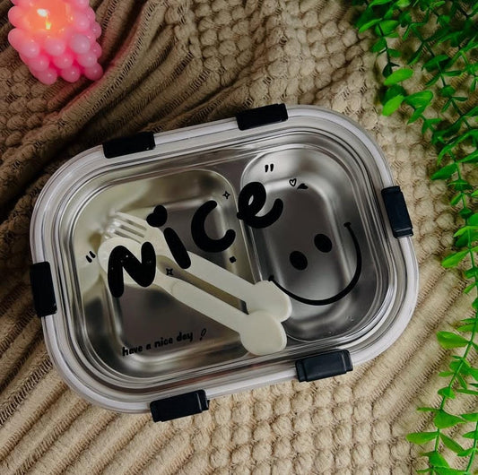 "Smile" Stainless Steel Lunch Box with Dual Compartments & Cutlery Set