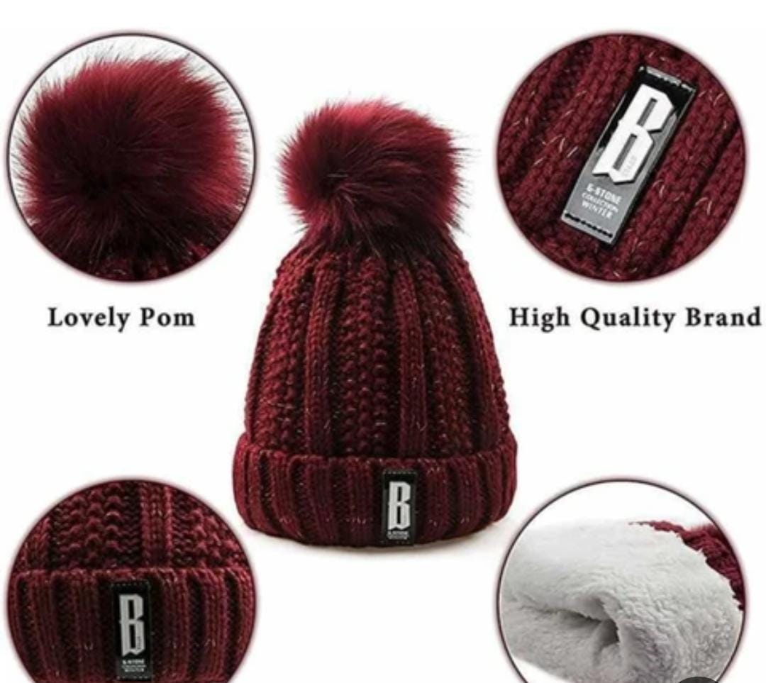 Deep Maroon Knit Pom-Pom Beanie
