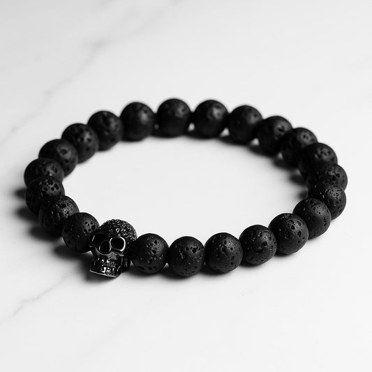 Black Beaded Bracelet with Rhinestone Skull