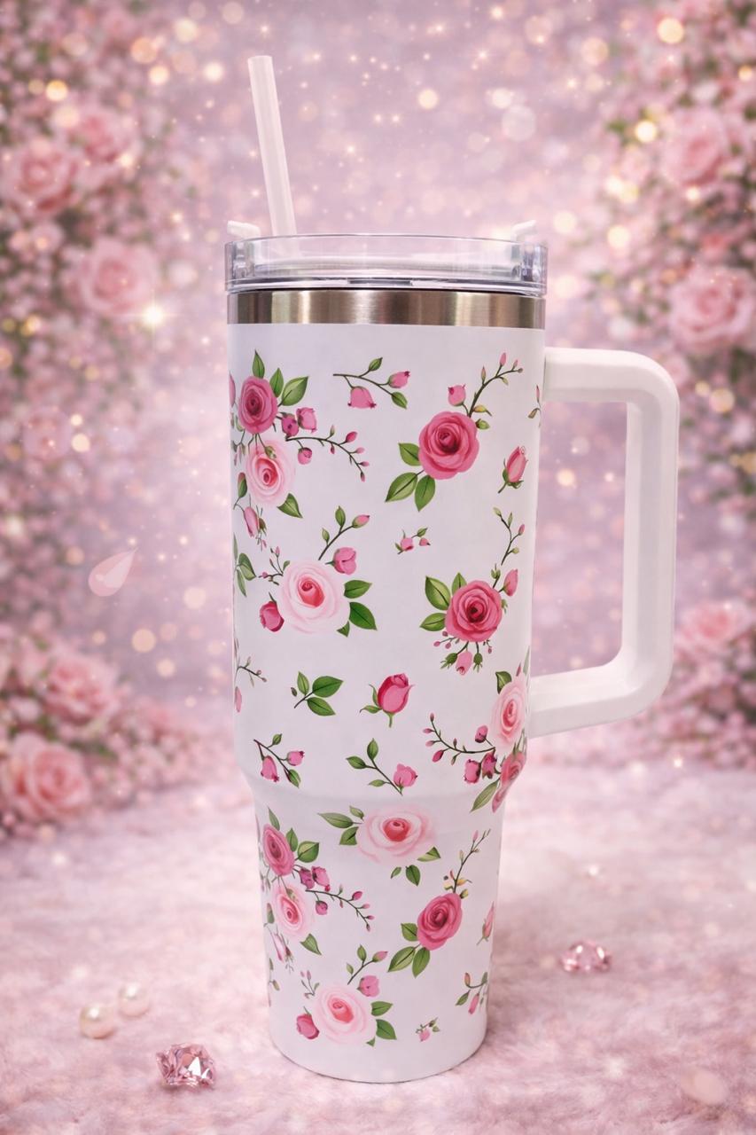 Rose Pattern Insulated Tumbler with Handle and Straw