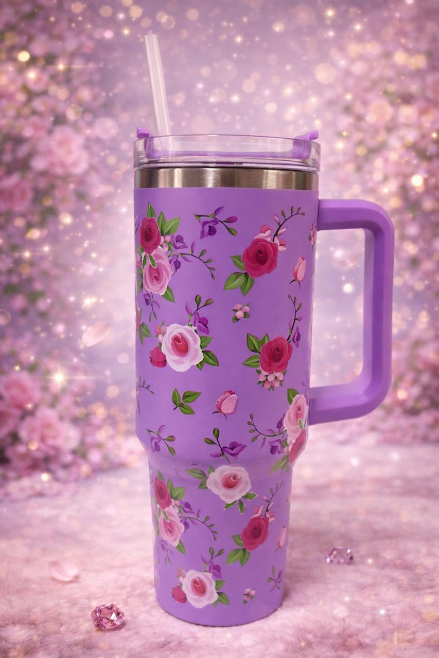 Rose Pattern Insulated Tumbler with Handle and Straw