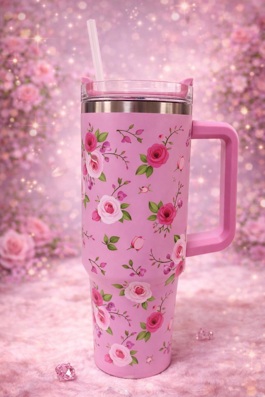 Rose Pattern Insulated Tumbler with Handle and Straw