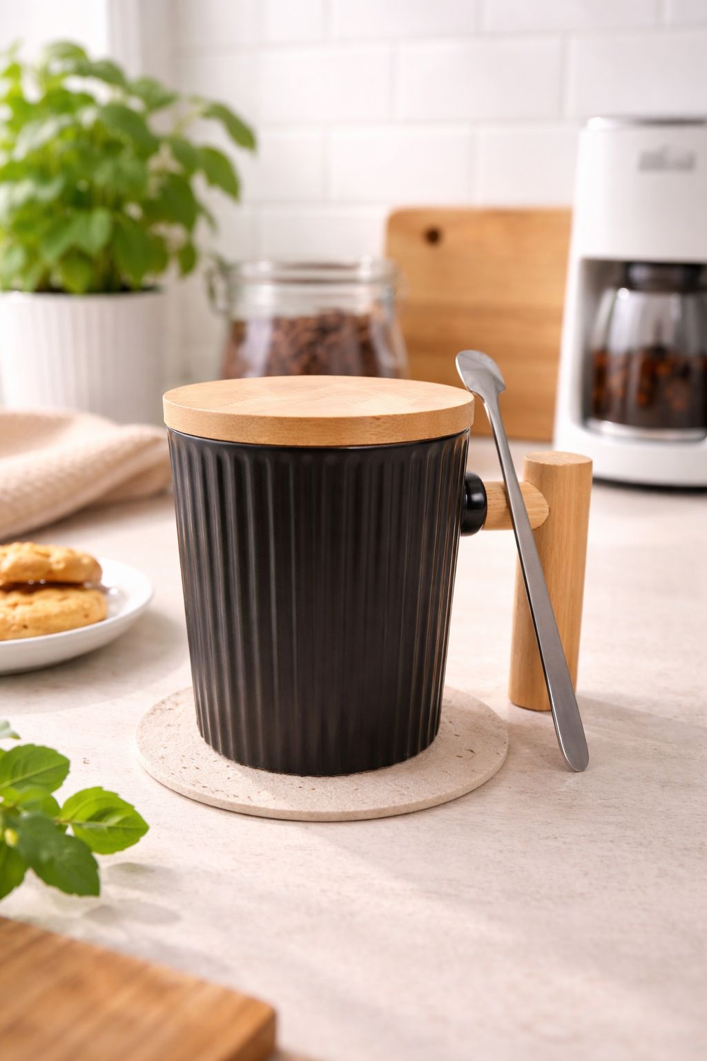 Ceramic Coffee Mug with Wooden Handle and Lid
