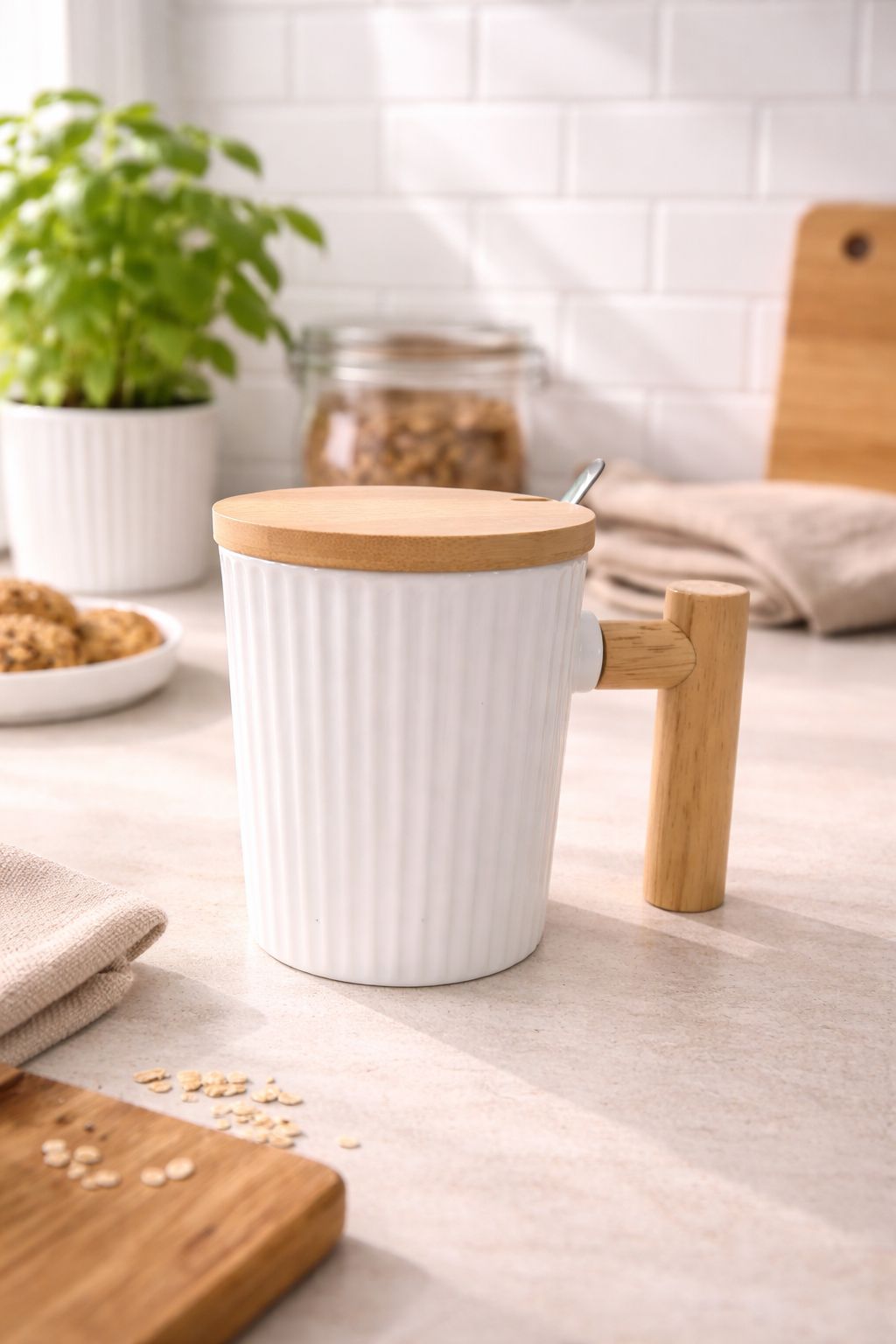 Ceramic Coffee Mug with Wooden Handle and Lid
