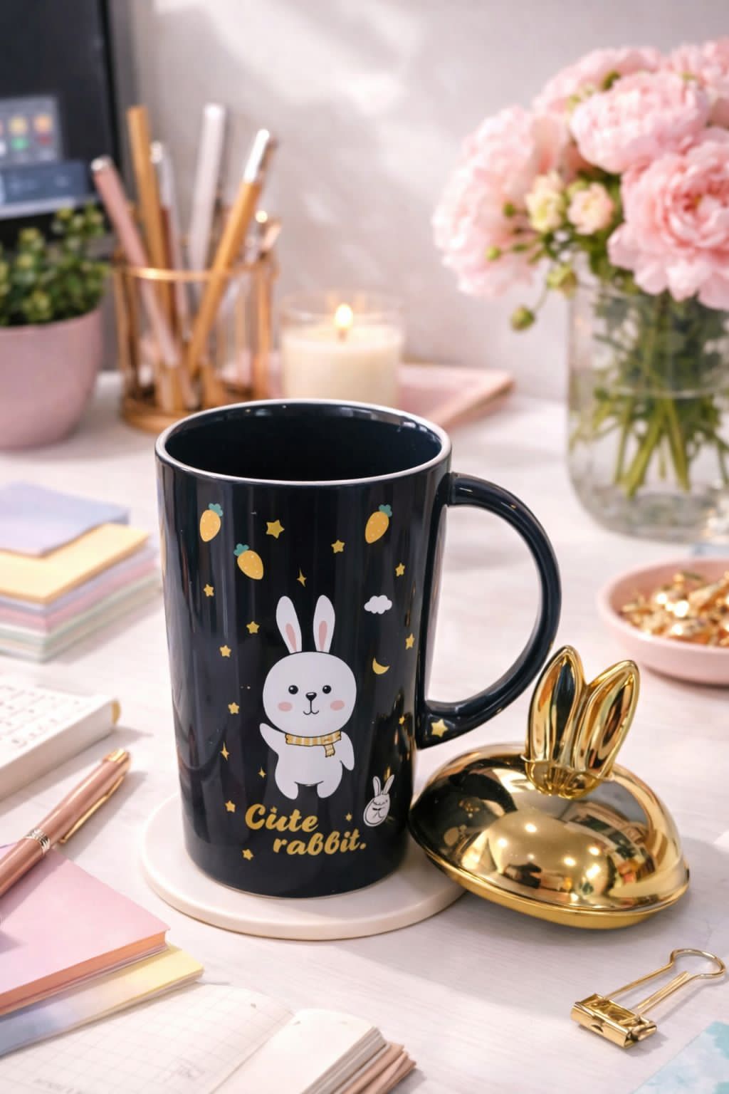 Whimsical "Cute Rabbit" Ceramic Mug with Golden Bunny Ear Lid
