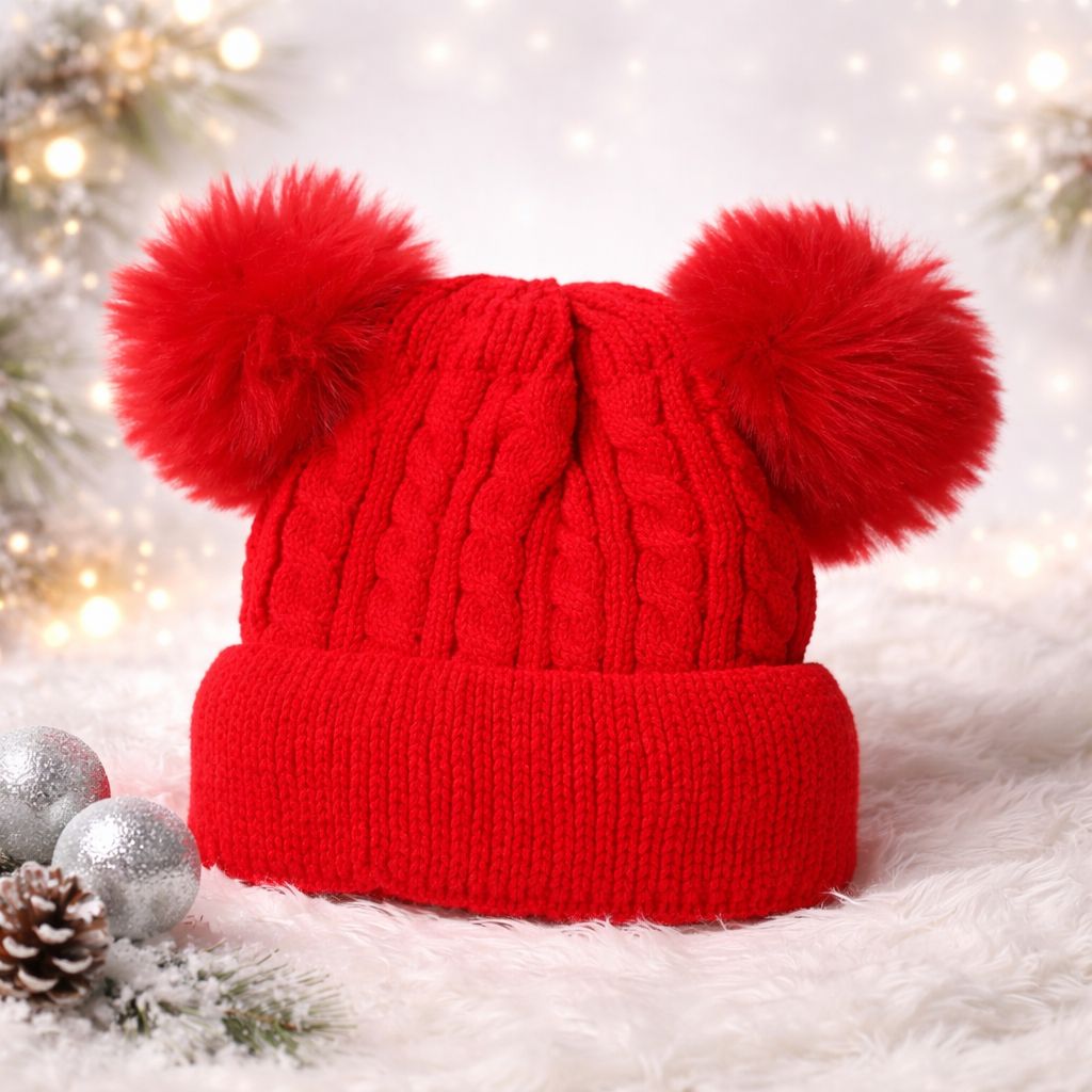 Double Pom-Pom Cable Knit Beanie