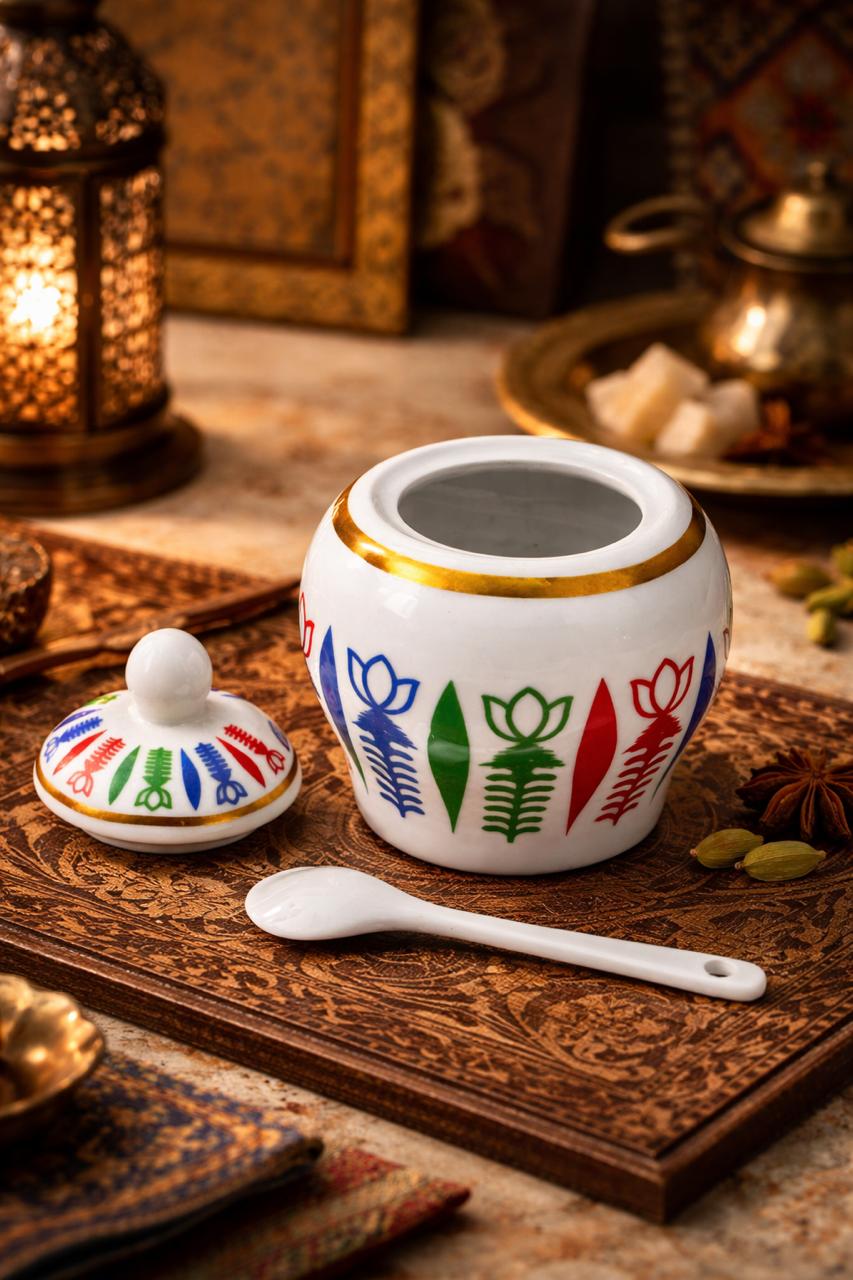 Traditional Porcelain Sugar Pot with Heritage Motif