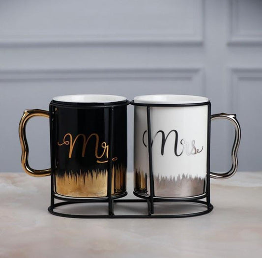 Mr & Mrs Mug Set – Large Ceramic Mugs with Metal Stand