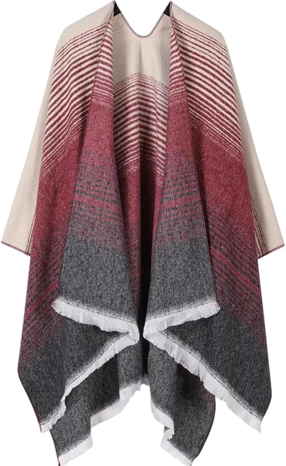 Women's Striped Open-Front Poncho Shawl