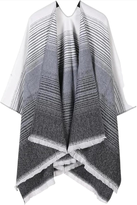 Women's Striped Open-Front Poncho Shawl