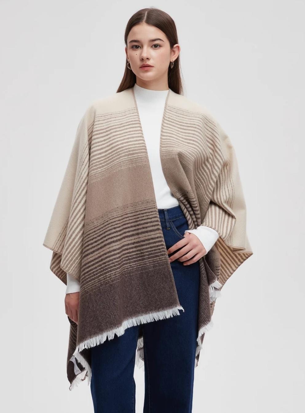 Women's Striped Open-Front Poncho Shawl