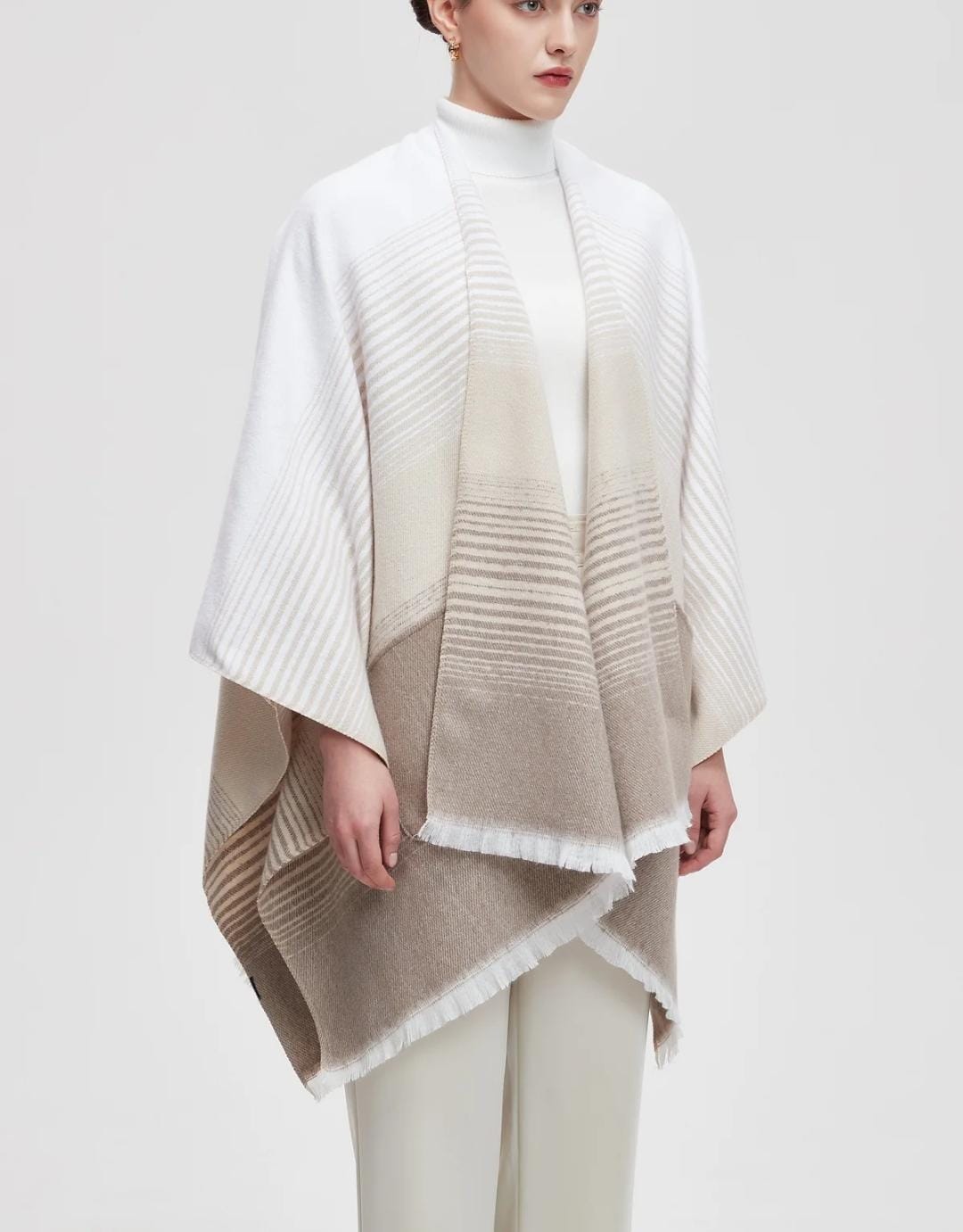 Women's Striped Open-Front Poncho Shawl