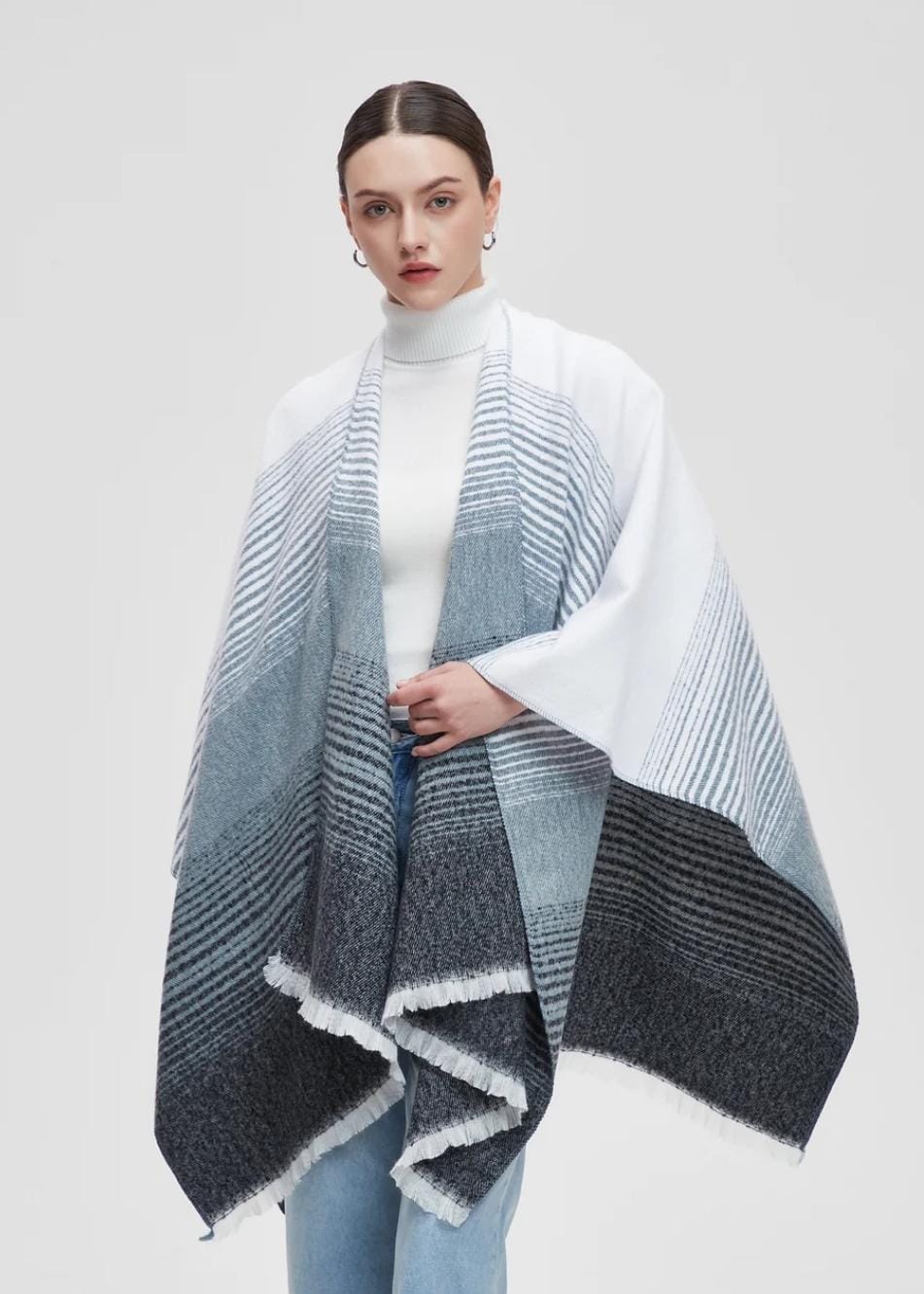 Women's Striped Open-Front Poncho Shawl