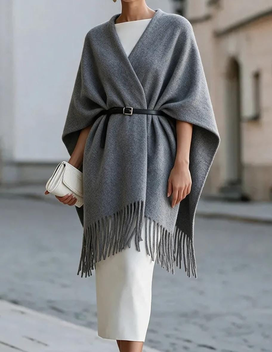 A minimalist solid-grey poncho/cape shawl