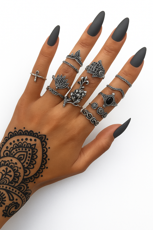 Bohemian Statement Ring Set – 12-Piece Antique Silver