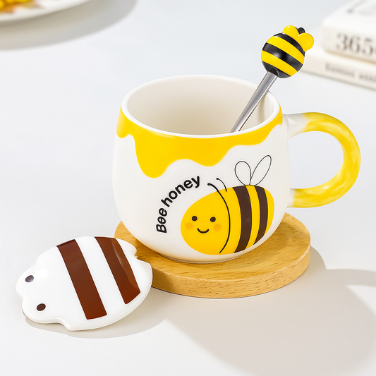 Bee Honey Ceramic Mug – With Lid, Spoon