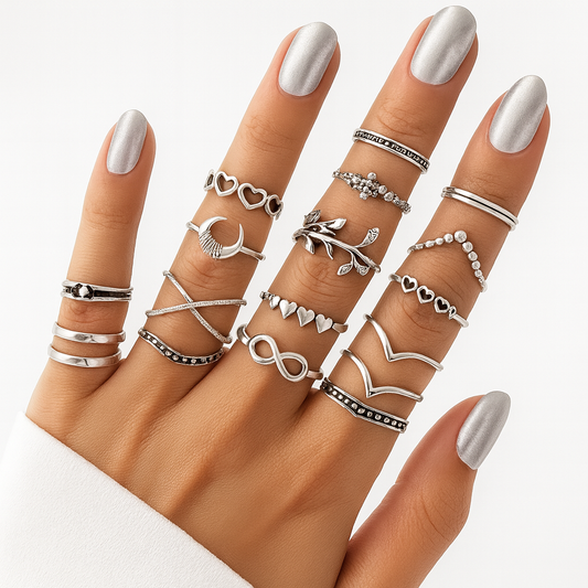 Minimalist Silver Ring Set – 15-Piece Assorted Designs