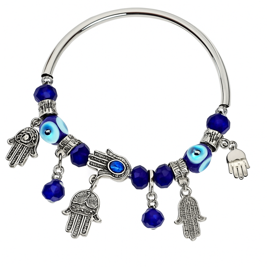 Hamsa & Evil Eye Charm Bracelet – Silver & Blue Beads