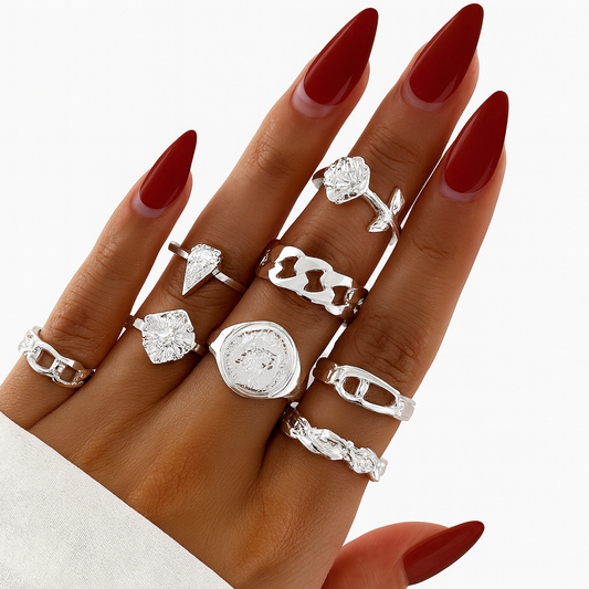 Glossy Silver Ring Set – 8-Piece Modern Collection
